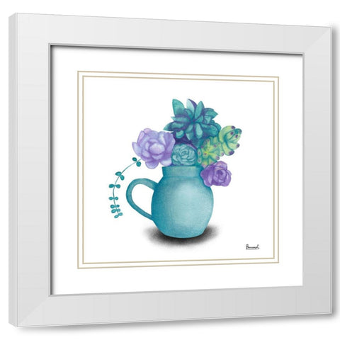Turquoise Succulents V White Modern Wood Framed Art Print with Double Matting by Bannarot