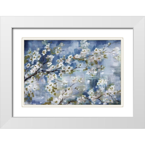 Cherry Blossoms Branch Blue and White landscape White Modern Wood Framed Art Print with Double Matting by Tre Sorelle Studios