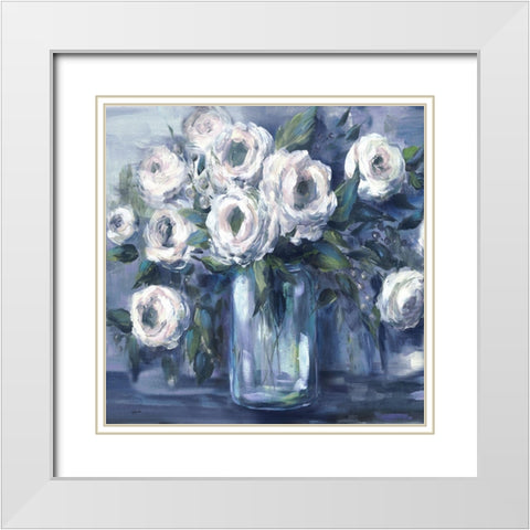 Indigo and White Blooms in Mason Jar White Modern Wood Framed Art Print with Double Matting by Tre Sorelle Studios