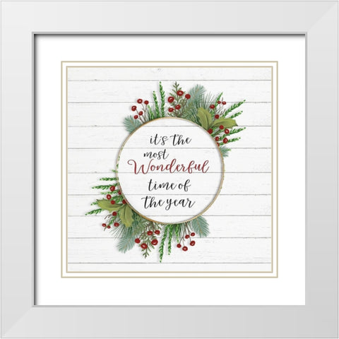 Cozy Christmas Wreath II White Modern Wood Framed Art Print with Double Matting by Hartworks