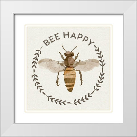 Bee Hive I-Bee Happy White Modern Wood Framed Art Print with Double Matting by Bannarot