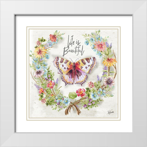 Butterfly and Herb Blossom WreathÂ  White Modern Wood Framed Art Print with Double Matting by Tre Sorelle Studios