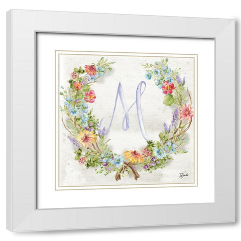 Herb Blossom Wreath Monogram M White Modern Wood Framed Art Print with Double Matting by Tre Sorelle Studios