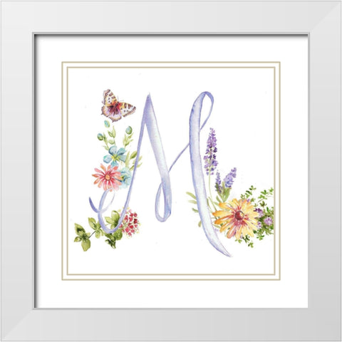 Watercolor Herb Blossom Monogram M White Modern Wood Framed Art Print with Double Matting by Tre Sorelle Studios