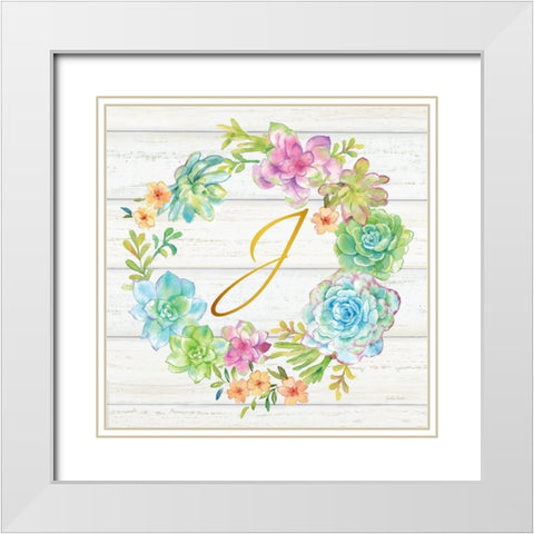 Sweet Succulents Wreath Monogram J gold White Modern Wood Framed Art Print with Double Matting by Coulter, Cynthia