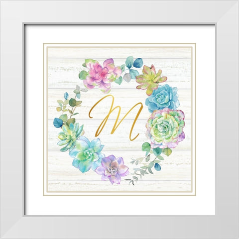 Sweet Succulents Wreath Monogram M gold White Modern Wood Framed Art Print with Double Matting by Coulter, Cynthia