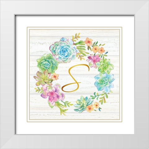 Sweet Succulents Wreath Monogram S gold White Modern Wood Framed Art Print with Double Matting by Coulter, Cynthia