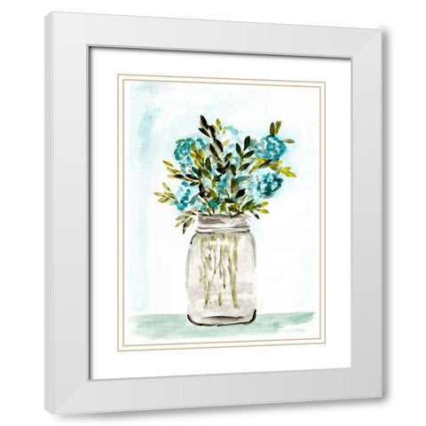 Blue Floral Mason Jar White Modern Wood Framed Art Print with Double Matting by Chapman, Marcy