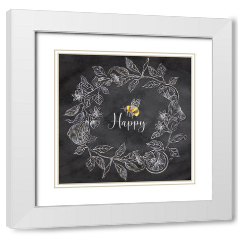 Bee  Sentiment Wreath black I-Happy White Modern Wood Framed Art Print with Double Matting by Coulter, Cynthia