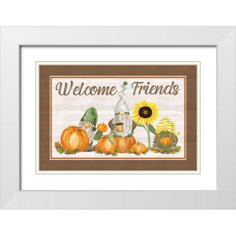 Fall Gnomes Sentiment landscape II-Welcome Friends White Modern Wood Framed Art Print with Double Matting by Reed, Tara