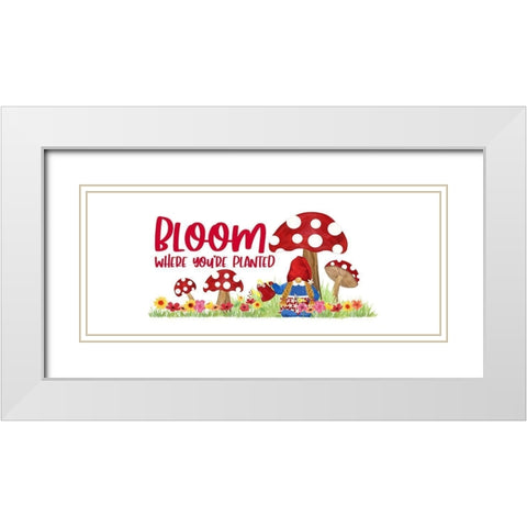 Gardening Gnomes Sentiment panel I-Bloom White Modern Wood Framed Art Print with Double Matting by Reed, Tara