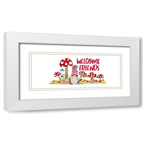 Gardening Gnomes Sentiment panel II-Welcome Friends White Modern Wood Framed Art Print with Double Matting by Reed, Tara