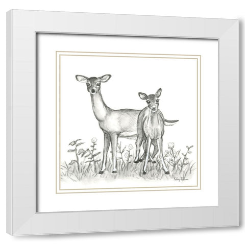 Watercolor Pencil Forest X-Deer Family White Modern Wood Framed Art Print with Double Matting by Wilson, Kelsey