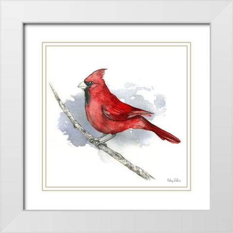 Birds And Branches I-Cardinal White Modern Wood Framed Art Print with Double Matting by Wilson, Kelsey