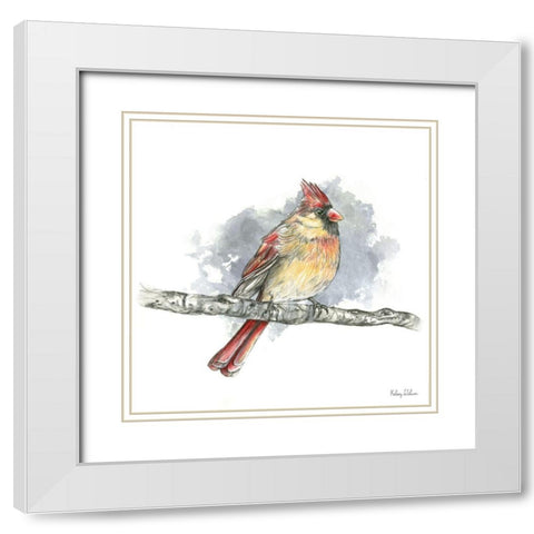 Birds And Branches II-Female Cardinal White Modern Wood Framed Art Print with Double Matting by Wilson, Kelsey