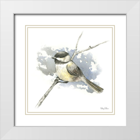 Birds And Branches III-Chickadee White Modern Wood Framed Art Print with Double Matting by Wilson, Kelsey