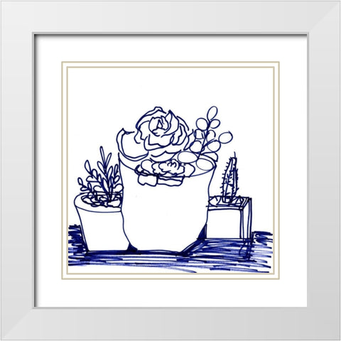Hand Sketch Succulents blue White Modern Wood Framed Art Print with Double Matting by Chapman, Marcy