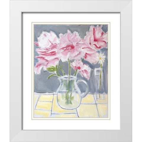Peonies  And a Daisy White Modern Wood Framed Art Print with Double Matting by Marie, Susanne