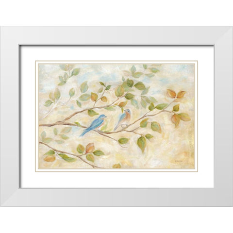 Blue Birds Branch White Modern Wood Framed Art Print with Double Matting by Coulter, Cynthia