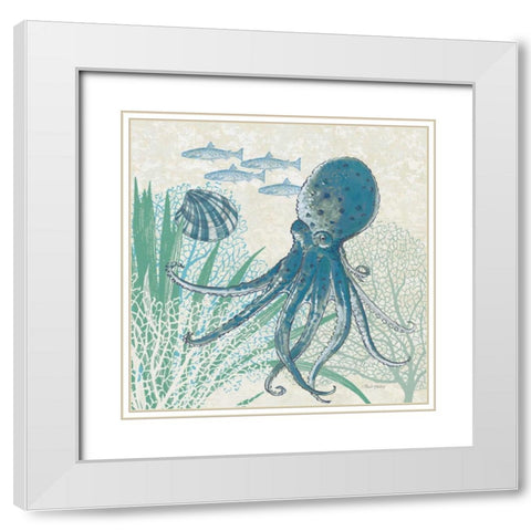 Oceana Indigo Sea Life IV White Modern Wood Framed Art Print with Double Matting by Gladding, Pamela