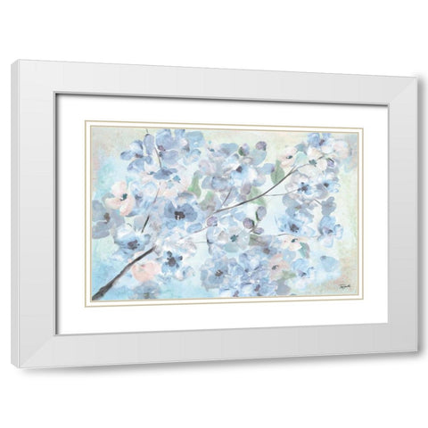 Watercolor Blue Blossoms Landscape White Modern Wood Framed Art Print with Double Matting by Tre Sorelle Studios