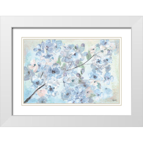 Watercolor Blue Blossoms Landscape White Modern Wood Framed Art Print with Double Matting by Tre Sorelle Studios