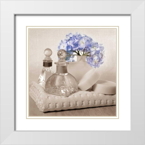 Hydrangea and Towel White Modern Wood Framed Art Print with Double Matting by Greenwood, Julie