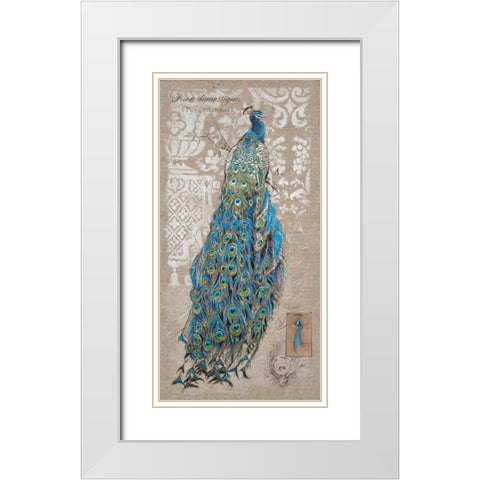 Peacock on Linen 1 White Modern Wood Framed Art Print with Double Matting by Barrett, Chad