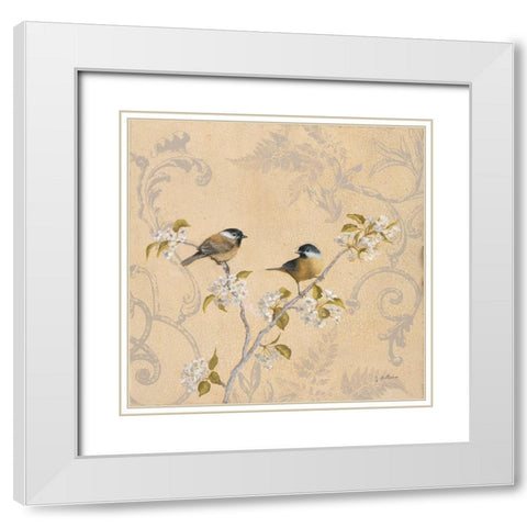 Chickadee and Pear White Modern Wood Framed Art Print with Double Matting by McGannon, Jill Schultz