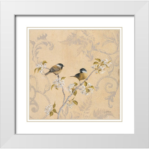Chickadee and Pear White Modern Wood Framed Art Print with Double Matting by McGannon, Jill Schultz