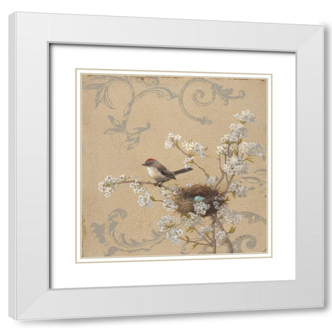 Kinglet and Pear White Modern Wood Framed Art Print with Double Matting by McGannon, Jill Schultz