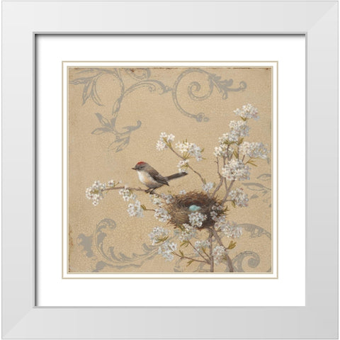 Kinglet and Pear White Modern Wood Framed Art Print with Double Matting by McGannon, Jill Schultz