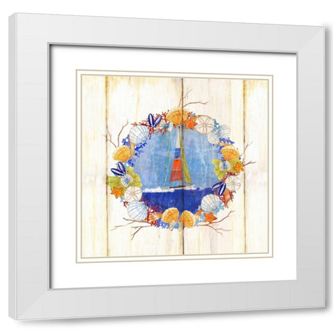Coastal Sailboat Wreath White Modern Wood Framed Art Print with Double Matting by Escobedo, Mary