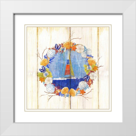 Coastal Sailboat Wreath White Modern Wood Framed Art Print with Double Matting by Escobedo, Mary