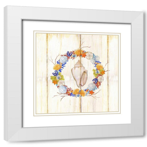 Coastal wreath and shell 1 White Modern Wood Framed Art Print with Double Matting by Escobedo, Mary