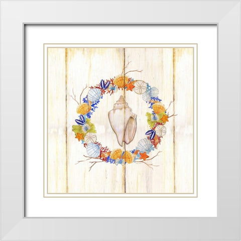 Coastal wreath and shell 1 White Modern Wood Framed Art Print with Double Matting by Escobedo, Mary