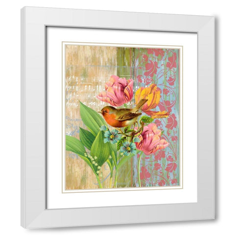 Robin and Tulips White Modern Wood Framed Art Print with Double Matting by Robertson, Walter