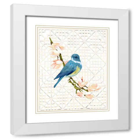Song Bird and Trellis White Modern Wood Framed Art Print with Double Matting by Sarah, Colleen