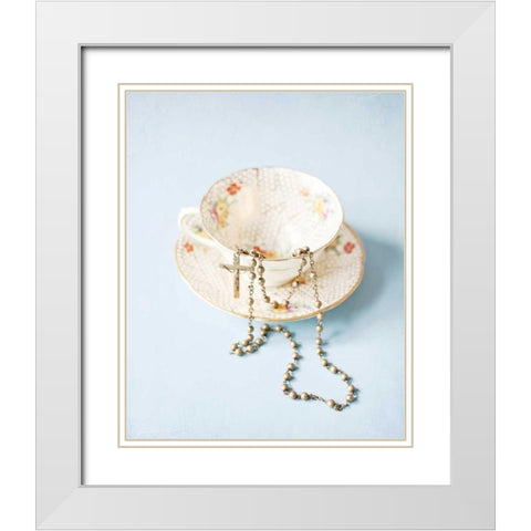 Pretty Teacup and Rosary 1 White Modern Wood Framed Art Print with Double Matting by Susannah Tucker Photography