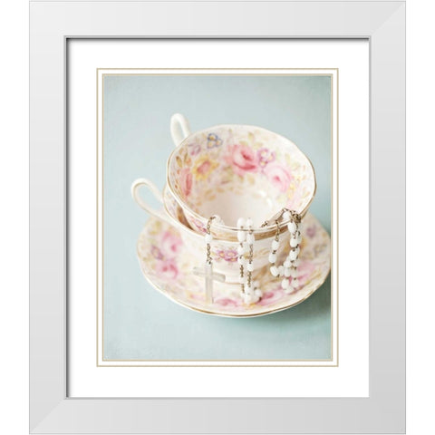 Pretty Teacup and Rosary 2 White Modern Wood Framed Art Print with Double Matting by Susannah Tucker Photography