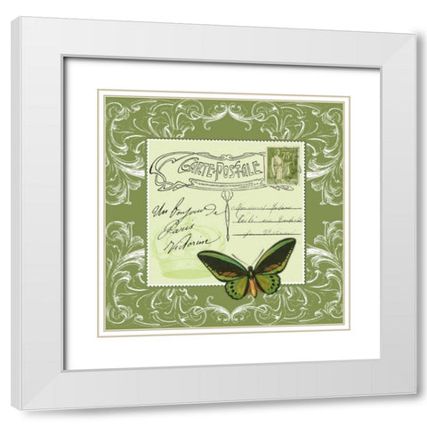Butterfly Carte Postale Green White Modern Wood Framed Art Print with Double Matting by De Lauzun, Marion