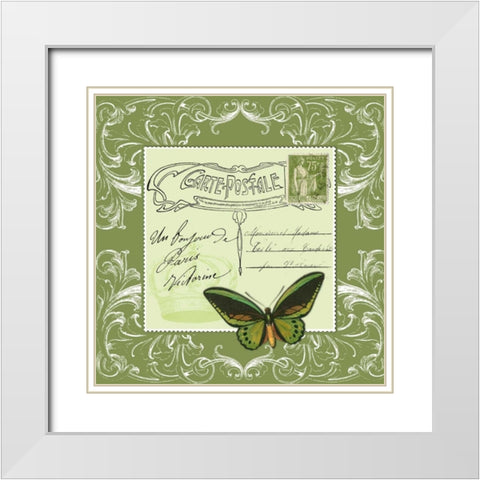 Butterfly Carte Postale Green White Modern Wood Framed Art Print with Double Matting by De Lauzun, Marion