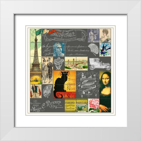 Eiffel Tower Stamps White White Modern Wood Framed Art Print with Double Matting by De Lauzun, Marion