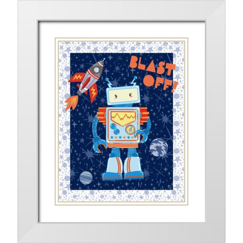 Blast Off Robot White Modern Wood Framed Art Print with Double Matting by Skapriwsky, Christina