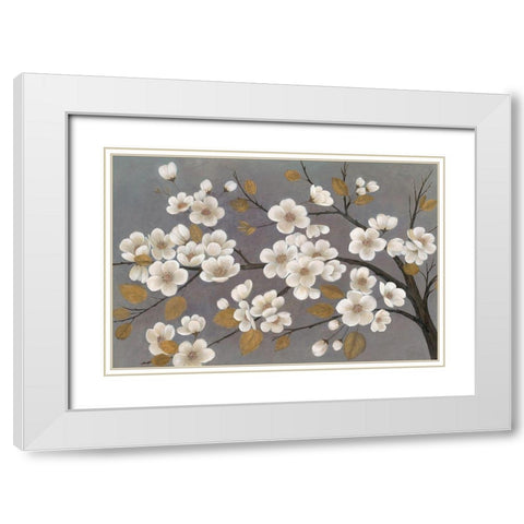 Gold Leaf Blossom Branch White Modern Wood Framed Art Print with Double Matting by Ng, Crystal