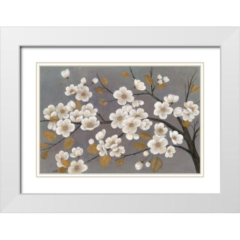 Gold Leaf Blossom Branch White Modern Wood Framed Art Print with Double Matting by Ng, Crystal