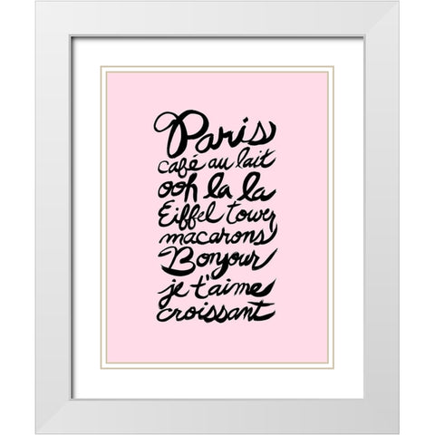 Paris Words Pink White Modern Wood Framed Art Print with Double Matting by Dos Santos, Bella