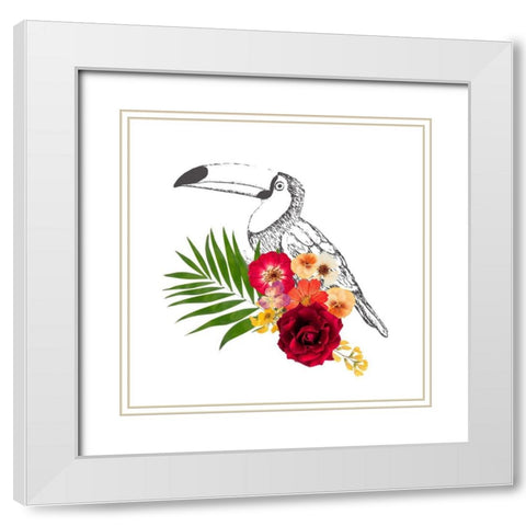Floral Toucan White Modern Wood Framed Art Print with Double Matting by Dos Santos, Bella
