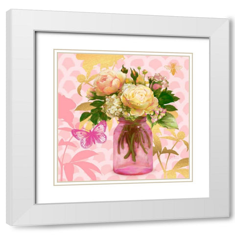 Pink Mason Jar Bouquet White Modern Wood Framed Art Print with Double Matting by Art Atelier Alliance