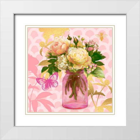 Pink Mason Jar Bouquet White Modern Wood Framed Art Print with Double Matting by Art Atelier Alliance